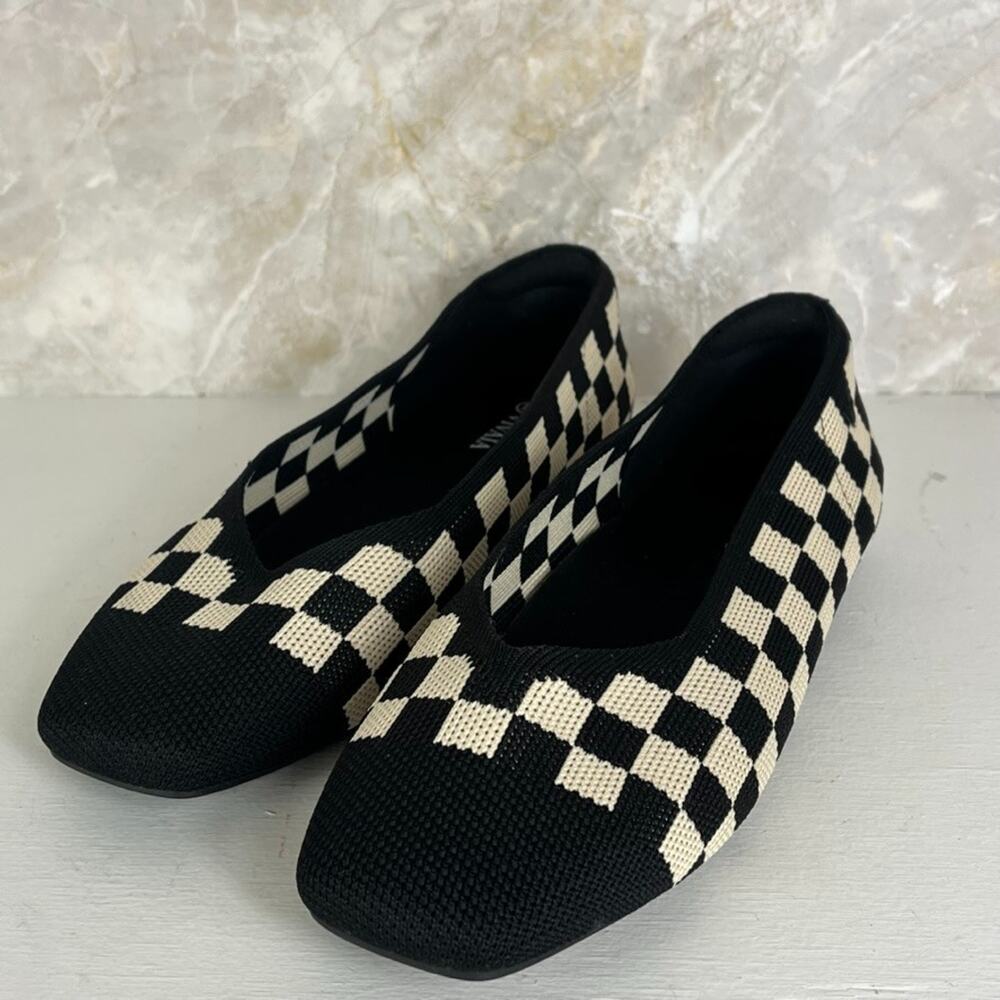 Vivaia Margot 2.0 Square Toe Flats Shoes Size 9.5 Black & White Checkered